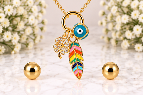 Leaf and Clover Necklace/Earring Set – 18K Gold Plated Blue
