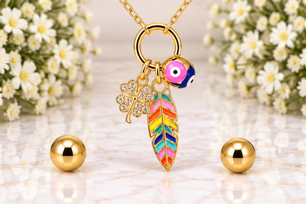 Leaf and Clover Necklace/Earring Set – 18K Gold Plated Pink/Black Bottom