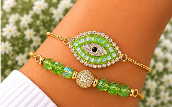 Green Evil Eye Cubic Zirconia Bracelet – 18K Gold Plated
