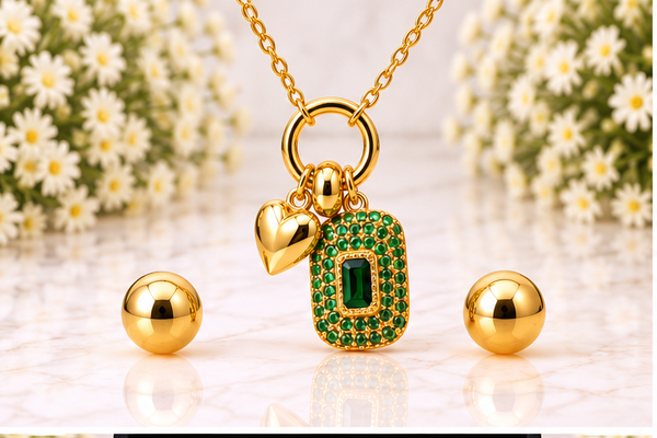 Rectangular Zircon Necklace Set – 18K Gold Plated Green