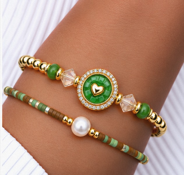 Circle, Shell and Heart Bracelet Set – 18K Gold Plated Green
