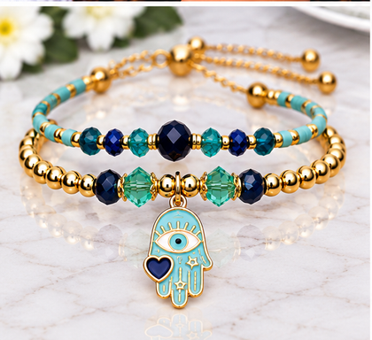 Hamsa Pendant and Heart Bracelet Set – 18K Gold Plated
