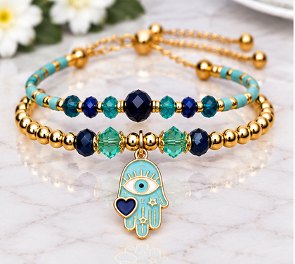 Hamsa Pendant and Heart Bracelet Set – 18K Gold Plated