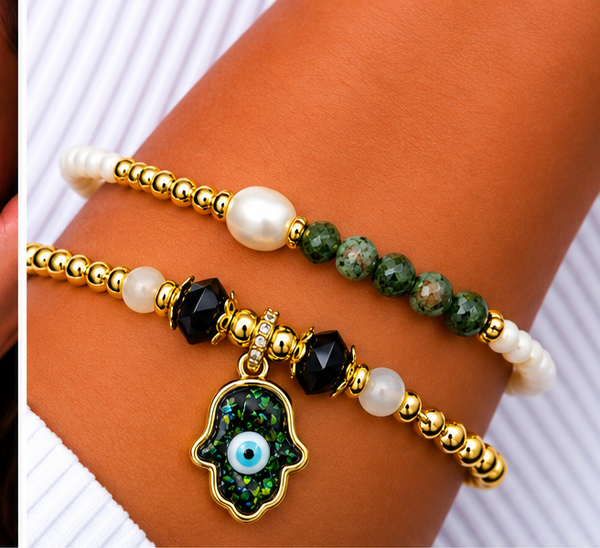 Resin Hamsa Bracelet Set – 18K Gold Plated Green