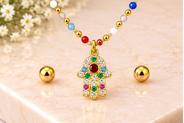 Multicolor Hamsa Necklace Set – 18K Gold Plated