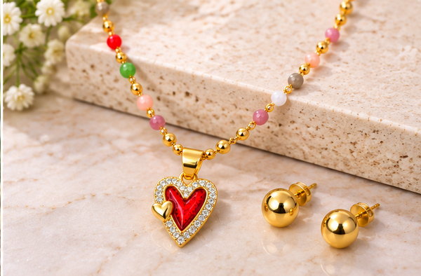 Red Heart Necklace Set – 18K Gold Plated