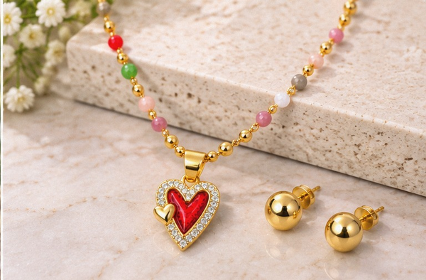 Red Heart Necklace/Earring Set – 18K Gold Plated