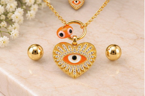 Red Eye and Heart Necklace/Earring Set – 18K Gold Plated