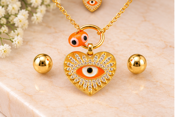 Red Eye and Heart Necklace Set – 18K Gold Plated