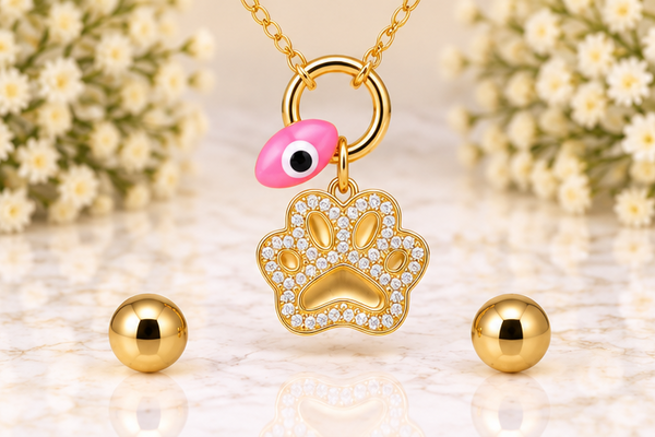 Paw Charm Necklace/Earring Set – 18K Gold Plated Pink