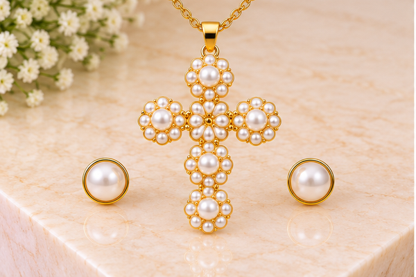 Pearl Cross Necklace Set – 18K Gold Plated