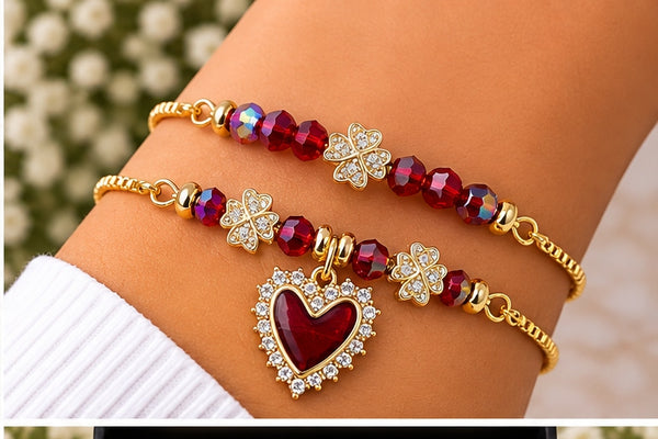 Cubic Zirconia Heart Charm Bracelet Set – 18K Gold Plated Red