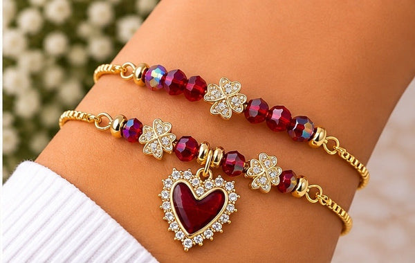Cubic Zirconia Heart Charm Bracelet Set – 18K Gold Plated Red