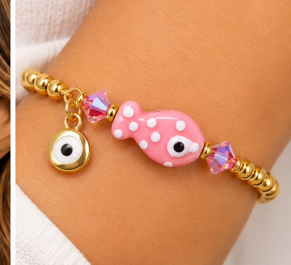 Pink Ceramic Fish Charm Bracelet – 18K Gold Plated