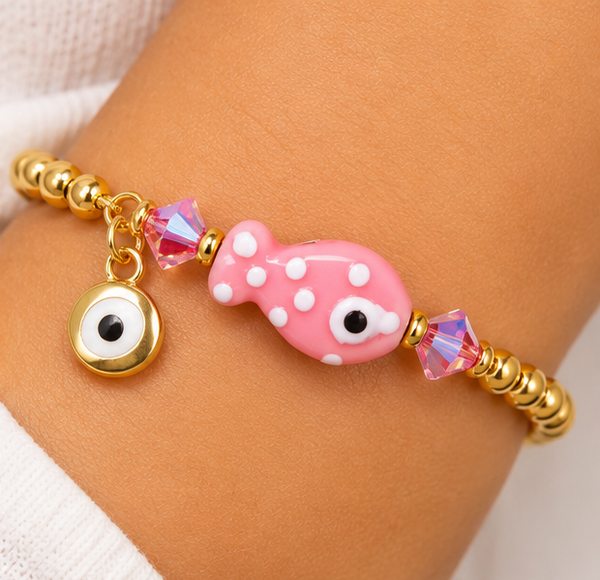 Pink Ceramic Fish Charm Bracelet – 18K Gold Plated