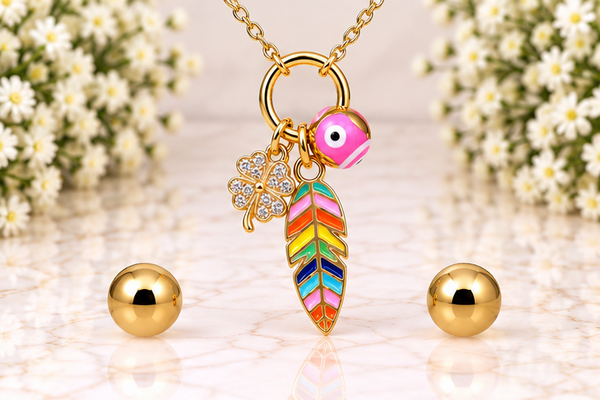 Leaf and Clover Necklace/Earring Set – 18K Gold Plated Pink Bottom