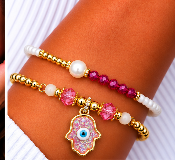 Resin Hamsa Bracelet Set – 18K Gold Plated Pink