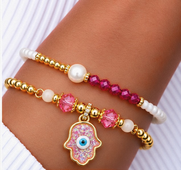 Resin Hamsa Bracelet Set – 18K Gold Plated Pink