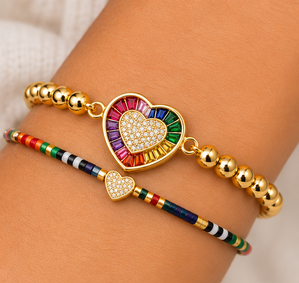 Rainbow Bead Heart Bracelet Set – 18K Gold Plated