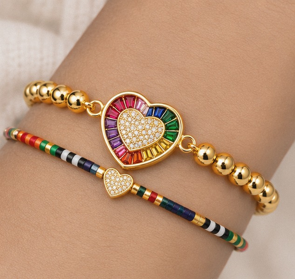 Rainbow Bead Heart Bracelet Set – 18K Gold Plated