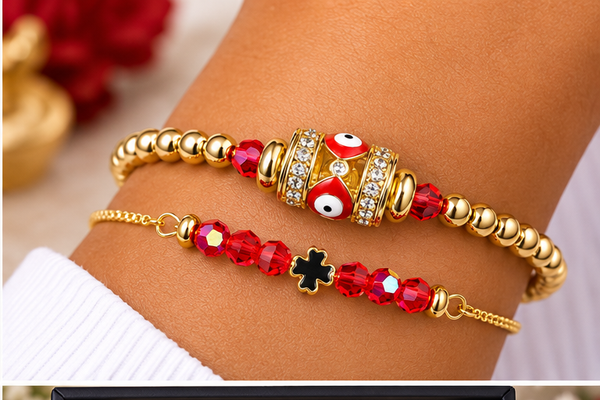 Evil Eye Cubic Zirconia Bracelet Set – 18K Gold Plated Red
