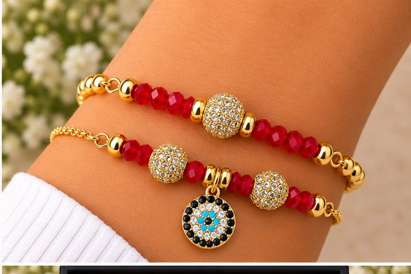 Evil Eye Charm Bracelet Set with Zirconia Balls – 18K Gold Plated Red