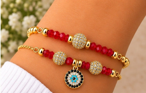 Evil Eye Charm Bracelet Set with Zirconia Balls – 18K Gold Plated Red