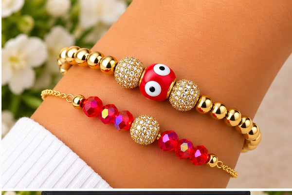 Mini Evil Eye Bracelet Set with Zirconia Balls – 18K Gold Plated Red