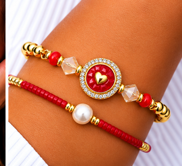 Circle, Shell and Heart Bracelet Set – 18K Gold Plated Red