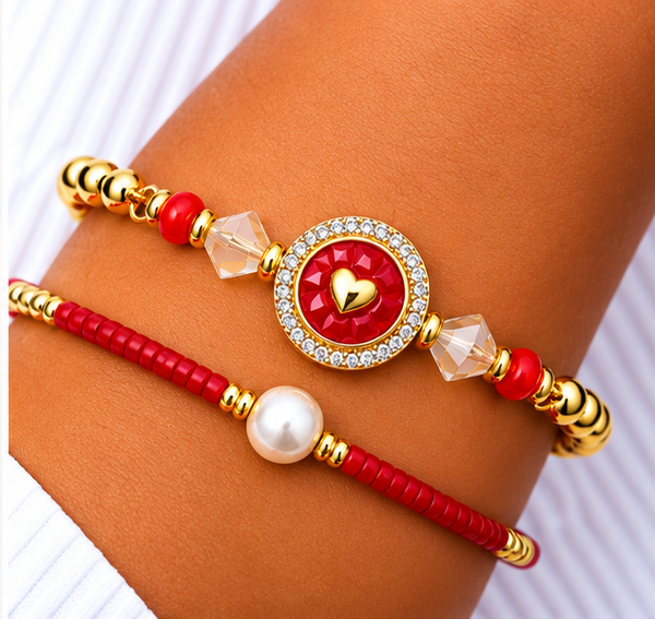 Circle, Shell and Heart Bracelet Set – 18K Gold Plated Red