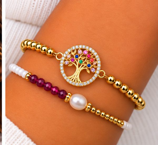 Multicolor Tree of Life Bracelet Set – 18K Gold Plated