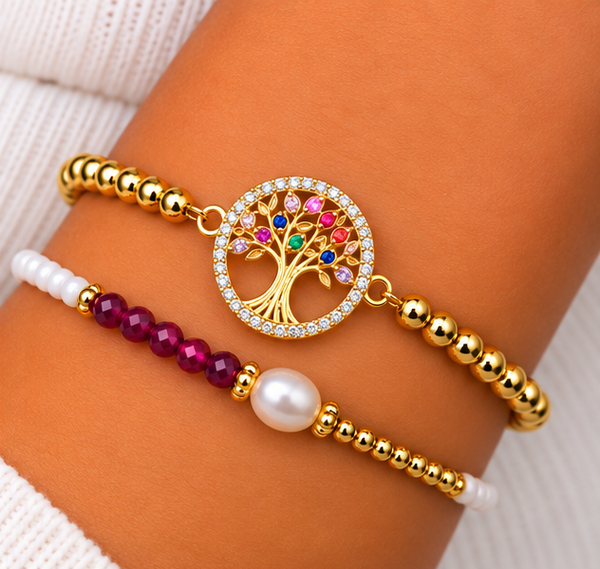 Multicolor Tree of Life Bracelet Set – 18K Gold Plated