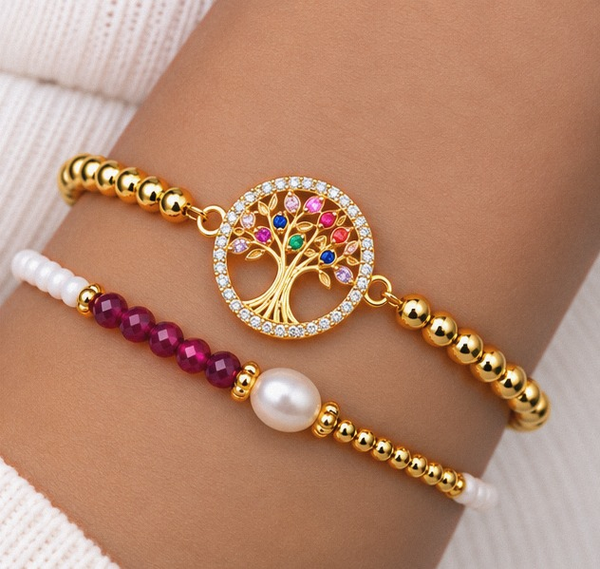 Multicolor Tree of Life Bracelet Set – 18K Gold Plated