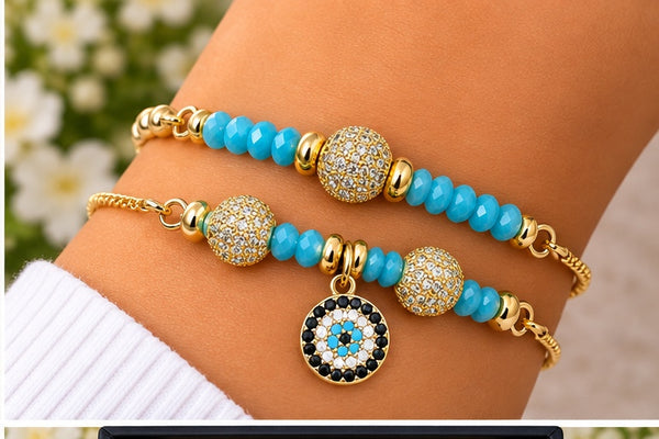 Evil Eye Charm Bracelet Set with Zirconia Balls – 18K Gold Plated Turquoise