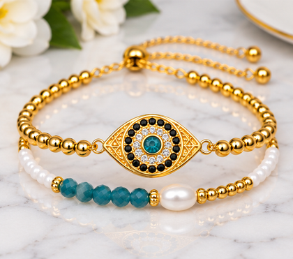 Blue Oval Eye Bracelet Set – 18K Gold Plated