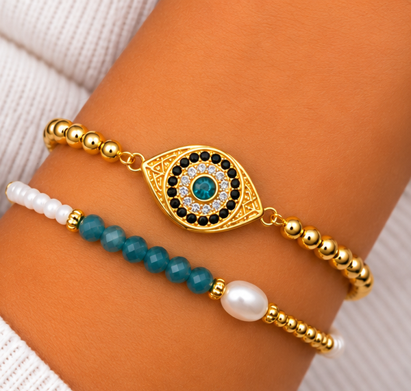 Blue Oval Eye Bracelet Set – 18K Gold Plated