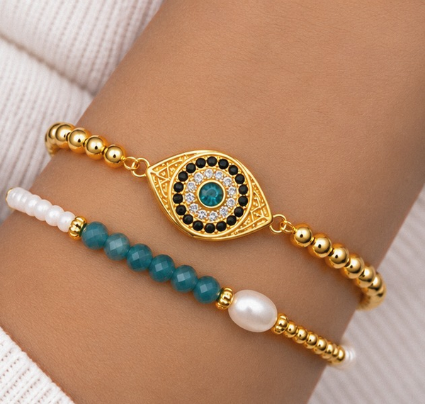 Blue Oval Eye Bracelet Set – 18K Gold Plated