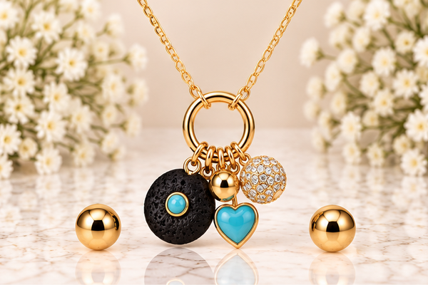 Turquoise Heart & Black Necklace/Earring Set – 18K Gold Plated
