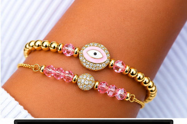 Zirconia Eye Pink Enamel Bracelet Set – 18K Gold Plated