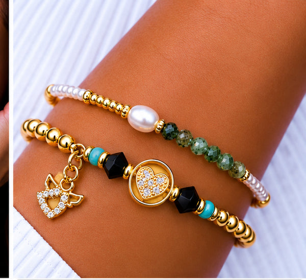 Zircon Heart Bracelet Set – 18K Gold Plated Green