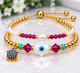 Shell Hamsa Bracelet Set – 18K Gold Plated Red