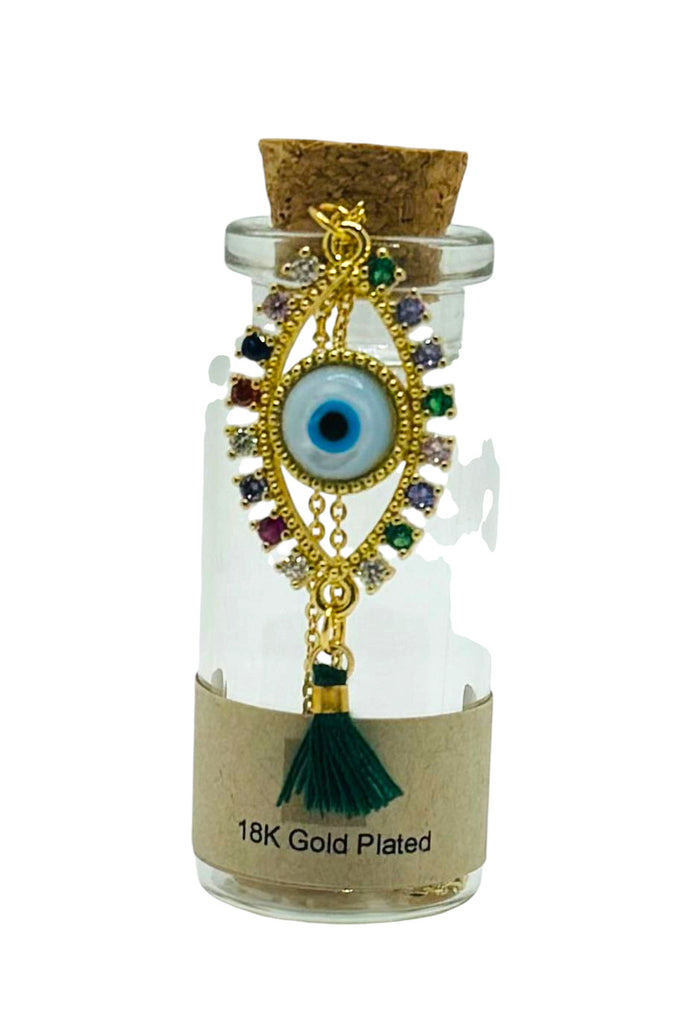 18K Gold-Plated Necklace with Colorful Blue Cubic Zirconia Evil Eye Charm