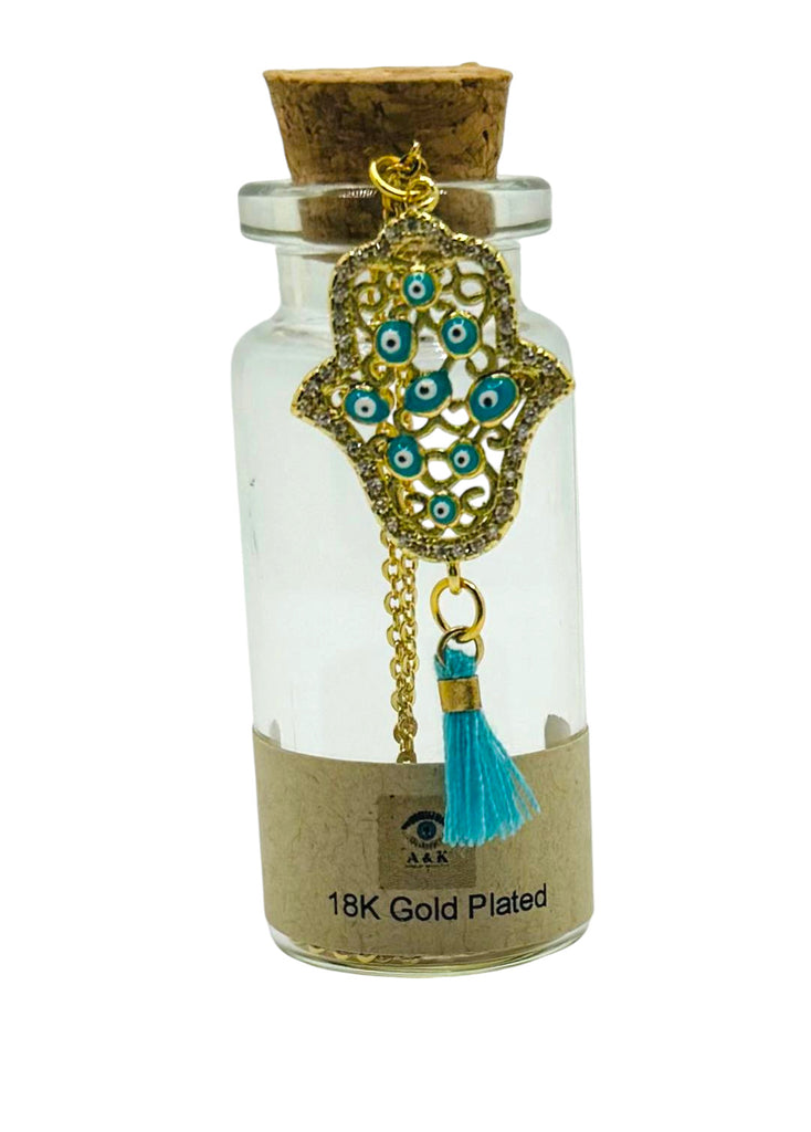 18K Gold-Plated Necklace with Colorful Cubic Zirconia Hamsa and Eye Charms