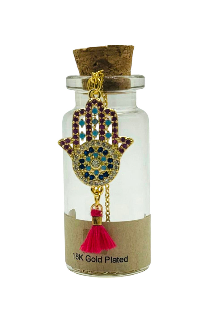 18K Gold-Plated Necklace with Colorful Cubic Zirconia Infinity and Hamsa Charms