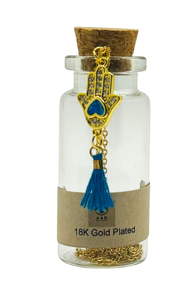 18K Gold-Plated Necklace with Cubic Zirconia Mini Hamsa and Heart Charms