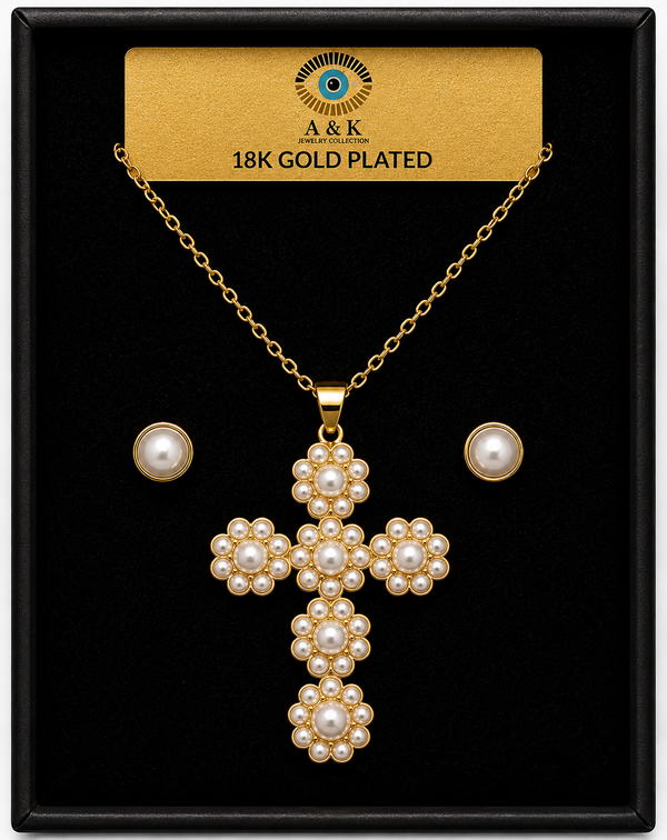 Pearl Cross Necklace Set – 18K Gold Plated