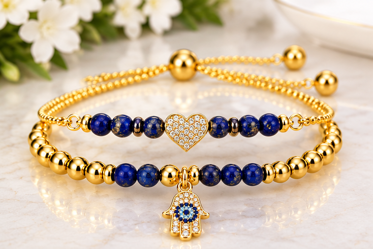 Blue Hamsa & Heart Cubic Zirconia Bracelet