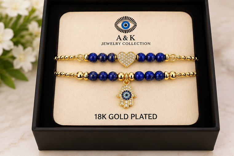 Blue Hamsa & Heart Cubic Zirconia Bracelet