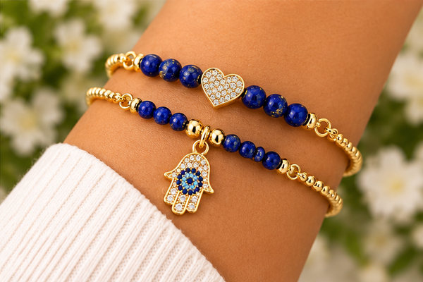 Blue Hamsa & Heart Cubic Zirconia Bracelet – 18K Gold Plated