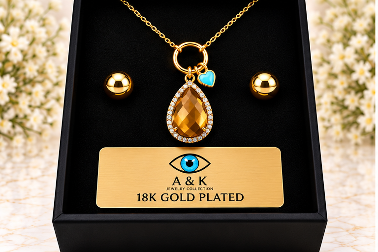 Cognac & Heart Necklace/Earring Set